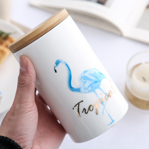 Pot de rangement en céramique flamant rose Creative Line bouteille de stockage d'aliments pour animaux avec couvercle en bois boîte à thé scellée de cuisine - Product Image 2