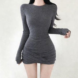 American <b>Vintage</b> Cross Ruched Knit Dress Women Slim Fit Bodycon Solid Color Elegant Midi Dress Casual Basic Outfit - Product Image 6