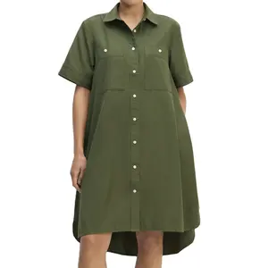 Kadınlar için özel kısa kollu Shirtdress 100% organik pamuk gömlekler elbiseler kadın düğme aşağı gömlek etekler