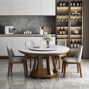 Mesa de Comedor Redonda Grande con Base Giratoria de Piedra Sinterizada y Marco de Madera Sólida para el Hogar - Product Image 4