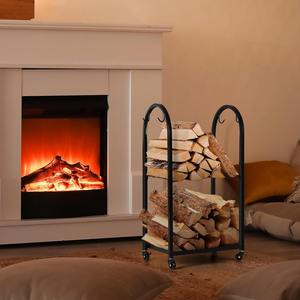 Support à bois mobile en métal <span class=keywords><strong>avec</strong></span> roues et 4 crochets – Organisateur de rangement pour bûches intérieur/extérieur pour cheminée/patio/brasero – Noir, écologique, moderne - Product Image 6