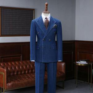 Abiti da <span class=keywords><strong>Uomo</strong></span> in Denim Oxford <span class=keywords><strong>Blu</strong></span> Eleganti Doppiopetto su Misura Abiti Casual Moderni Smoking con Risvolto a Punta <span class=keywords><strong>Blazer</strong></span> Business - Product Image 3