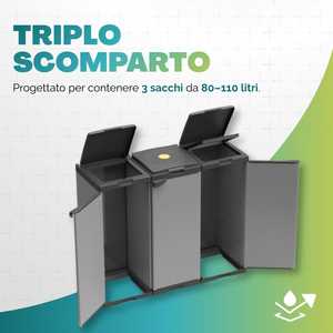 Mobile Waste <b>Bin</b> With 3 Compartments 102x38x87 Cm For Separate Waste Collection With <b>Lids</b> And Stoppers - Product Image 3