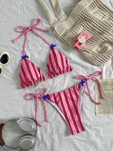 Bikini con Etichetta Privata, Decorazione a Strisce Rosa e Fiocco Blu, Allacciatura su Due Lati, Conjunto De Bikini Para Mujer - Product Image 3