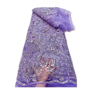Оптовая продажа, новейшая кружевная ткань с вышивкой во французском стиле, африканская Тюлевая сетка из бисера и блесток для свадебной тканой техники
