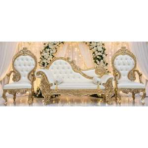 Luxury Royal Wedding Stage <b>Sofa</b> Set – <b>Gold</b> Carved Wooden Bridal Couch with 2 King Chairs Handmade Bulk Product - Product Image 1