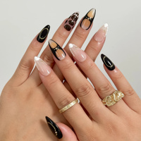 Ongles à presser en acrylique haut de gamme, style rétro, forme amande, dégradé transparent café noir, ligne dorée, perle dorée, strass, French manucure