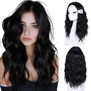 Perruques courtes ondulées pour femmes, bob noir ondulé, aspect naturel, synthétique, dentelle frontale, raie au milieu, <span class=keywords><strong>coiffure</strong></span> quotidienne, 18 pouces - Product Image 1