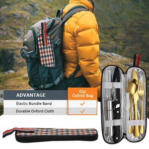 Ensemble de couverts d'extérieur en acier inoxydable avec couteau, fourchette et cuillère télescopiques dans un sac Oxford pour la randonnée, le camping et les voyages - Product Image 1