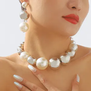 2023 New Arrival Summer Women Pearl Exaggerated Silver Earrings Personalized Women Large Pearls Choker Collar Necklaces Jewelry