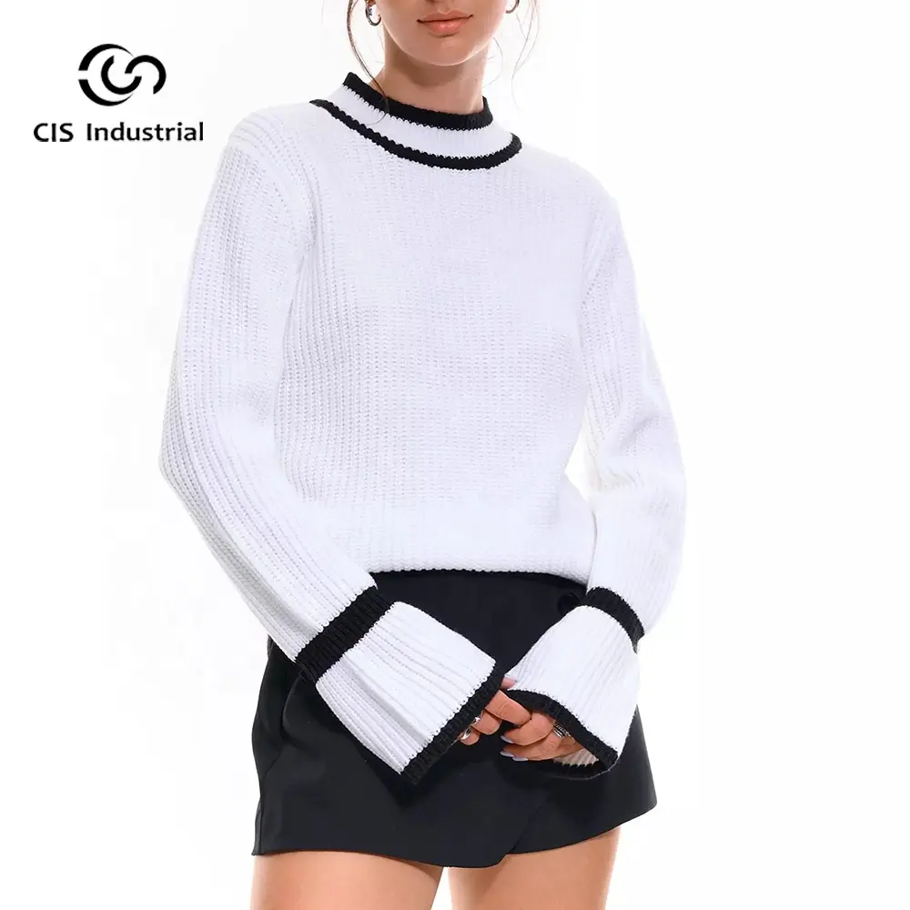 Kabel Gebreide Damestrui Van Hoge Kwaliteit Pullover Flare Mouw Wit En Zwart Gestreepte Trui Casual Losse Gebreide Kleding