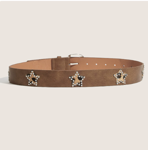 Cinturón de Cuero Marrón Vintage con Hebilla Plateada Pulida, Motivos de Leopardo y Estrellas, Pequeños Diamantes de Imitación, 3.8cm de Ancho, 105cm de Largo, Estilo Retro - Product Image 2