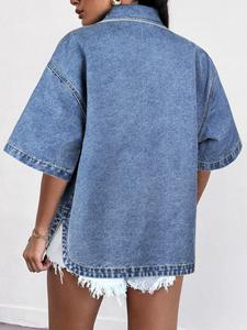 เสื้อเชิ้ตเดนิมทรงหลวมสำหรับผู้หญิง แบบลำลอง ติดกระดุม ชายโค้ง - Product Image 3