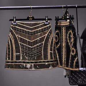 אירופאי תחנת Blingbling תעשיית כבד חרוזים פאייטים שקית ירך חצאית אור יוקרה אופנה גרפי חצי גוף אחד צעד נשי