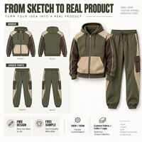 Ensemble jogging homme personnalisé avec sweat à capuche zippé, color block, 2 pièces, en molleton mélangé coton, avec poches cargo, pour tenue décontractée quotidienne