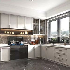 Mueble de Cocina Moderno con Isla, Puerta de Vidrio, Bisagras de Mármol, Cajón, Cesta, Diseño de Alacena Personalizado, Juego Completo de Muebles en Venta - Product Image 3