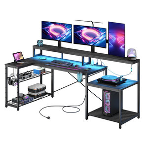 AJUNION L Shaped Gaming Desk with Monitor Shelf RGB LED Lights Power Outlets Storage Racks <strong>and</strong> Computer Table Gaming <strong>Setup</strong> - Product Image 3
