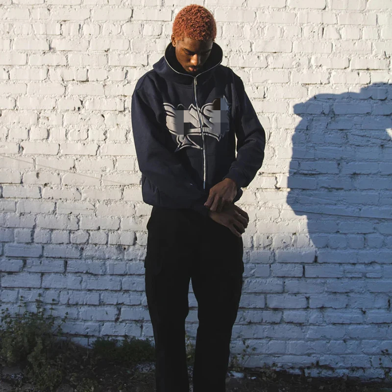 ●EGNARTS●HOODIE PRINTED T-SHIRTS/韓国の若い男 Custom Y2K Transfer Printing Full Zip up Hoodie Men