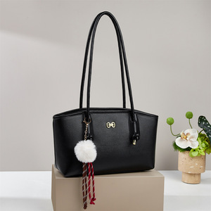 An Ru Shi Women's Tote <b>Bag</b> Black Medium Open Pocket <b>Shoulder</b> <b>Bag</b> with Pom Pom Decor Everyday Use - Product Image 1