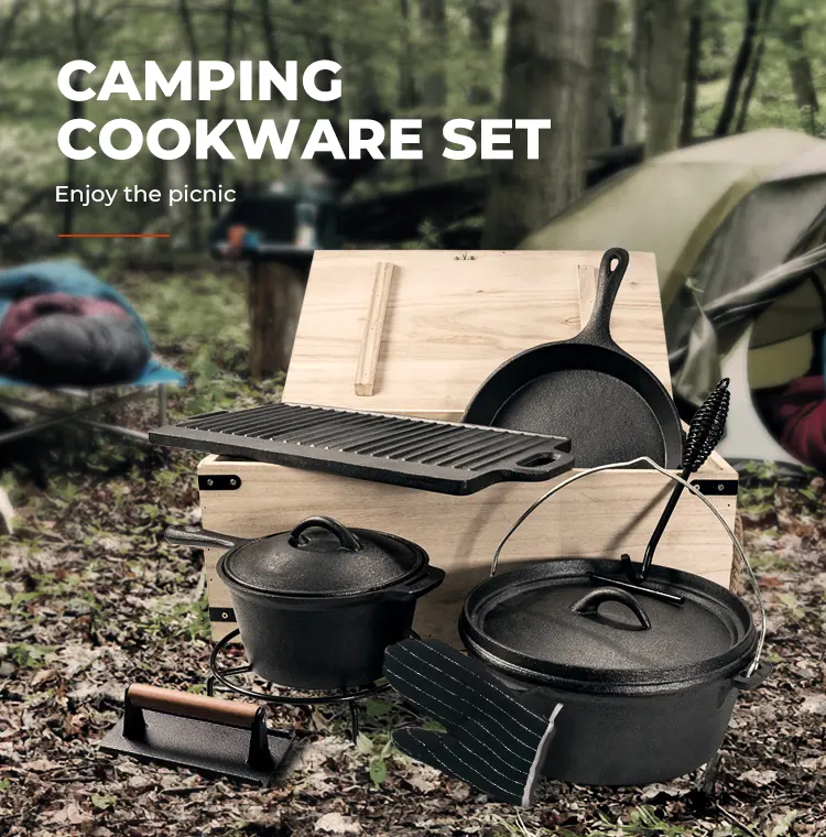 Articles ménagers lumineux vente en gros famille Camping en plein air ensembles d'ustensiles de cuisine en fonte ensemble de casseroles et de poêles antiadhésives de camping batterie de cuisine