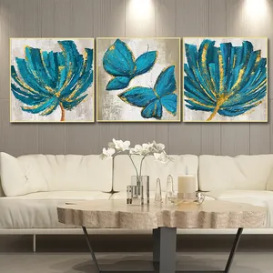 100% Hand-painted Vintage Blue Butterfly Oil Painting On Canvas Flower Gold Foil Art