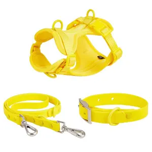 防水犬用ハーネスセット強力な頑丈なゴム製PVCコーティングされた犬の散歩用の首輪付きファッション犬の鎖
