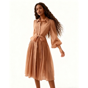 Robes pour femmes à col, à bouton unique, à taille nouée et à manches cloche, tendance automne - Product Image 1