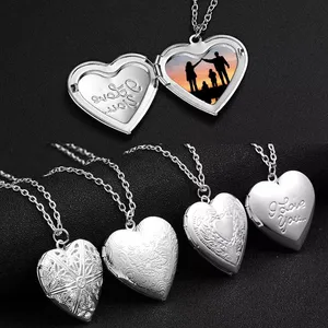 Argento di Colore Del Cuore di Amore Locket Dei Pendenti per le Donne Degli Uomini Apribile Photo Frame Lucido Animale Domestico della Famiglia Collana Foto di Famiglia Regalo di Amore