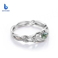 Bague de Fiançailles en Argent Sterling 925 avec Agate Mousse Ronde et Accents de Moissanite, Sertie de Feuilles, Bague de Promesse pour Femme