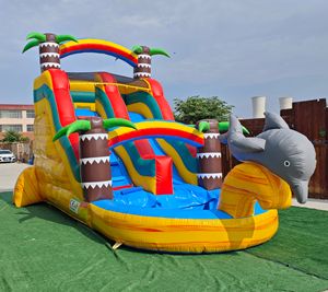 18 英尺黄色大理石棕榈树充气水滑梯泳池 PVC 湿/干租赁派对，含吹风机配件 - Product Image 3