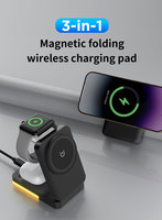 Support de charge sans fil magnétique pliable 3-en-1 15W avec veilleuse LED et station de charge multifonctionnelle pour téléphone, montre et écouteurs avec lampe