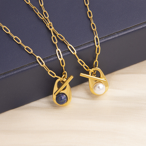 Powell moda Custom acciaio inox Ot Design <span class=keywords><strong>con</strong></span> bottone collana catena di graffette <span class=keywords><strong>con</strong></span> gemma di perle e agata intarsio pendente - Product Image 4