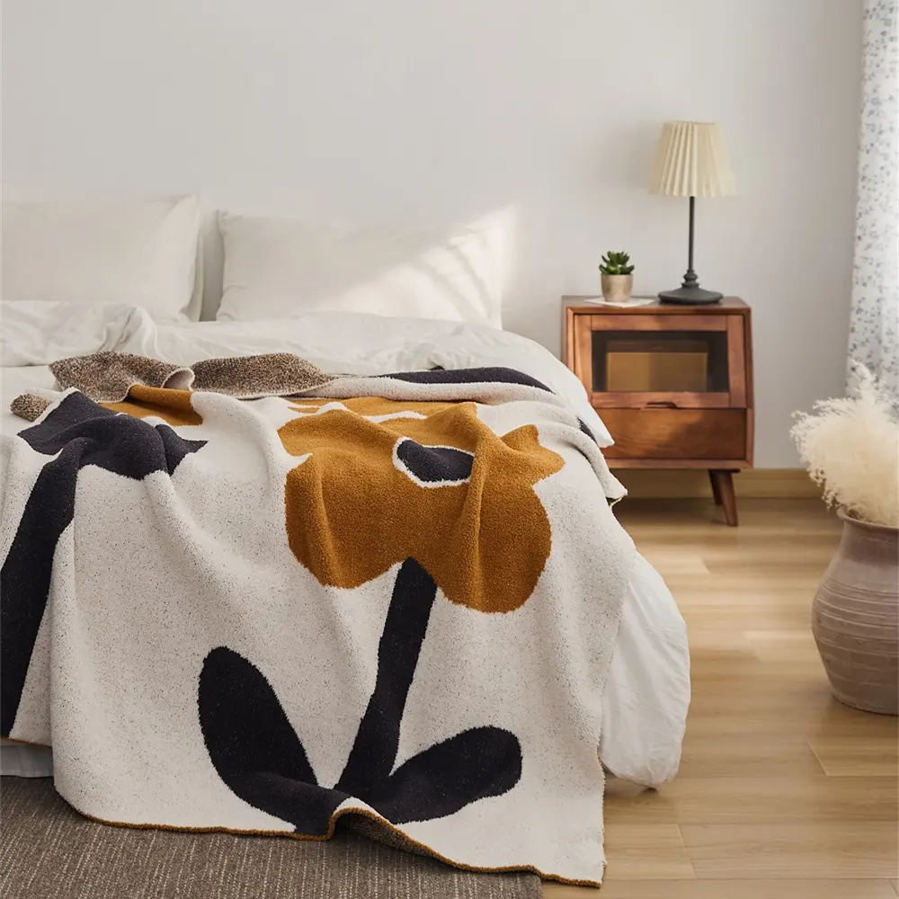 Factory price soft and cozy flower pattern polyester knitted throw blanket chunky winter LK