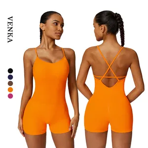 Female High Elastic One Piece Tight Exercise Shorts Custom Logo Ribbed Padded Playsuit Sexy V Neck Backless Gym Fitness Jumpsuit