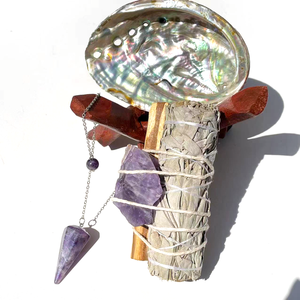 Đế đựng trầm hương bằng vỏ bào ngư tự nhiên với giá đỡ gỗ, quả cầu thạch anh hồng, thạch anh tím, dụng cụ thanh tẩy bằng trầm hương thô, bát xông trầm để thanh tẩy - Product Image 3