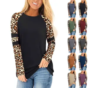 2022 New Design Fashionable Women Raglan Sleeve Leopard Print Graphic T Shirts Casual Knit Long Sleeve T Shirts Ladies Tops