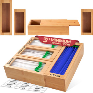 กล่องจัดเก็บถุงพลาสติกแบบ 4 ช่<span class=keywords><strong>อง</strong></span> พร้อมบล็อกแบบถอดประกอบได้ กล่องใส่ถุงขนมแซนวิชขนาดต่างๆ สำหรับใส่ในลิ้นชักครัว ทำจากไม้ไผ่ - Product Image 1