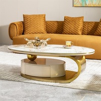 Table basse de luxe multifonctionnelle en marbre blanc ovale design avec tiroir en bois