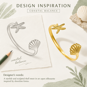 Brazalete Abierto con Diseño de Estrella de Mar y Concha, Acero Inoxidable, Baño de Oro de 14K - Product Image 4
