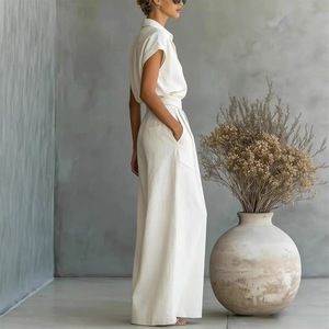 Ensemble deux pièces pour femmes, chemise et pantalon large, couleur unie blanc laiteux, costume décontracté, mode printemps-été, tailles XS S M L XL XXL XXXL - Product Image 4