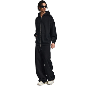 Men's Oversized Black <b>Hooded</b> <b>Zip</b>-Up Sweatshirt Set Casual Cotton French Terry Pants Solid Color Autumn Wear - Product Image 1