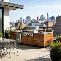 Mueble de Cocina Modular Multifuncional Moderno para Exterior con Parrilla BBQ Integrada, Fregadero, Grifo, Protector de Salpicaduras y Bisagras de Acero Inoxidable