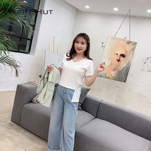 Happy Hut T-shirt à manches courtes et col en V pour femme, en jersey respirant, grande taille, haut d'été, design asymétrique N6174 - Product Image 4