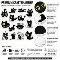 Lot de patchs brodés thermocollants et à coudre, motifs chat noir, chat mignon kawaii, chat triste, chat drôle, avec yeux jaunes