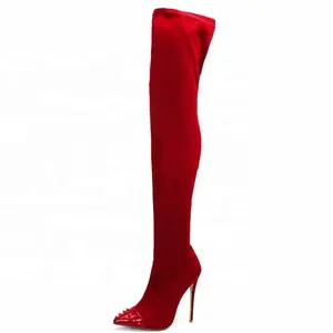 High-end Dames Hoge Hak Over de Knie Klinknagels Stud Laarzen trek Dij Hoge Laarzen Vrouwen Suede Stretch Stiletto schoenen Lange Laarzen