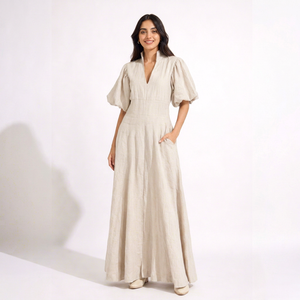 Linen <b>Dress</b> Women Summer V Neck Puff Sleeve Maxi <b>Dresses</b> Elegant Casual Pleated Waist Solid Color <b>Long</b> <b>Dress</b> With Pockets - Product Image 1