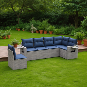 Conjunto de Sofás de Jardín para Exteriores, 6 Piezas, Ratán Sintético Gris con Cojines, Diseño Contemporáneo - Product Image 2