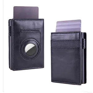 Portable Quick Card Access RFID Blocking PU Leather Automatic Wallet Metal Credit Card Holder With Airtag Holder For Tracking