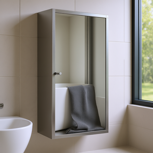 Gabinete de Baño Vertical Flotante de Acero Inoxidable con Espejo, 24 Pulgadas, Puerta Única, Colgante de Pared, Diseño Minimalista - Product Image 2