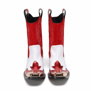 Red White Faux Suede Cowboy <b>Boots</b> Pointed Toe Slip-On Party Fashion Trend Mid Calf Heeled <b>Boots</b> - Product Image 5